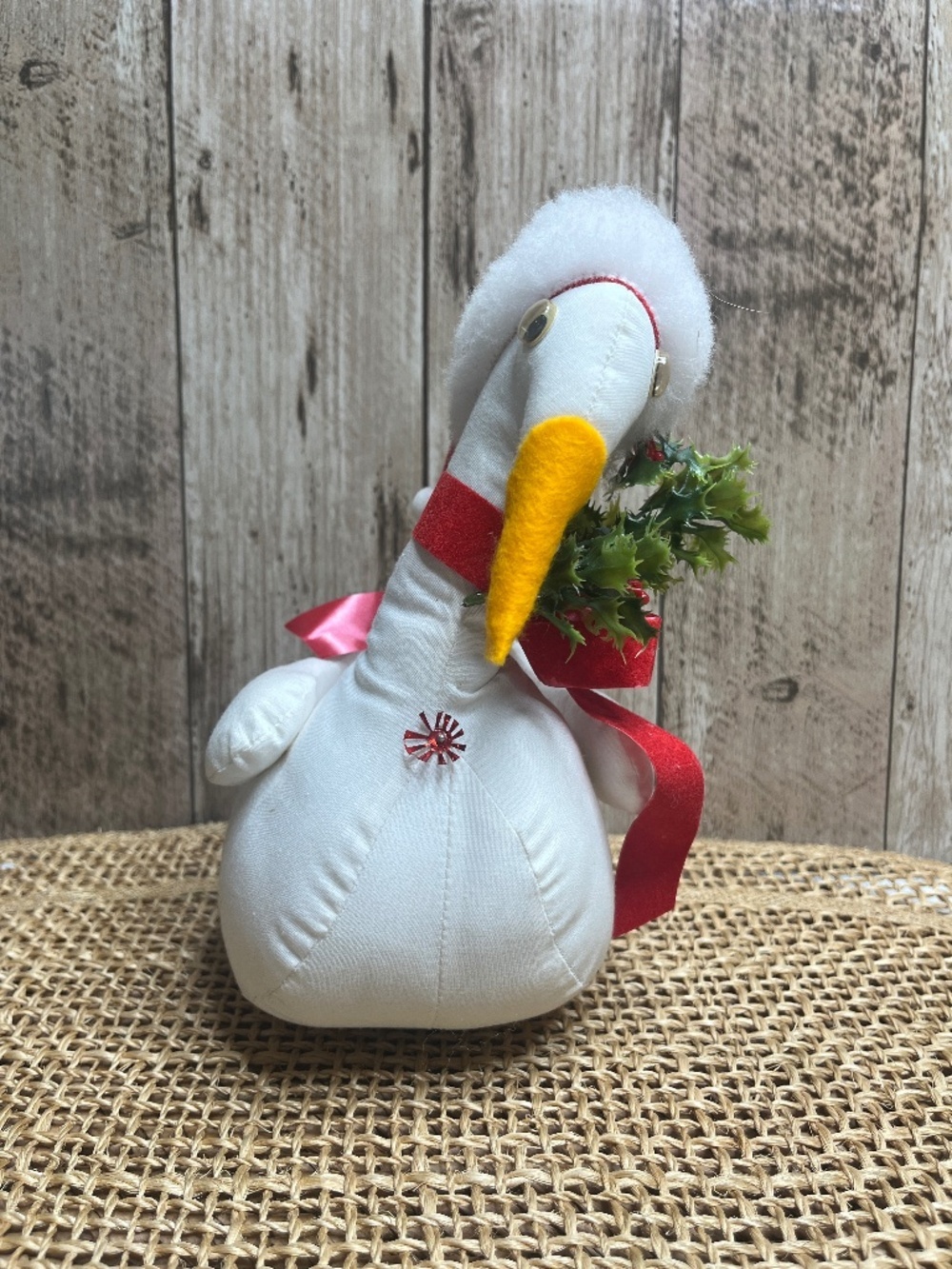 Vintage Christmas Goose Duck Fabric Plush Holiday Decor w/ Santa Hat & Wreath 8”